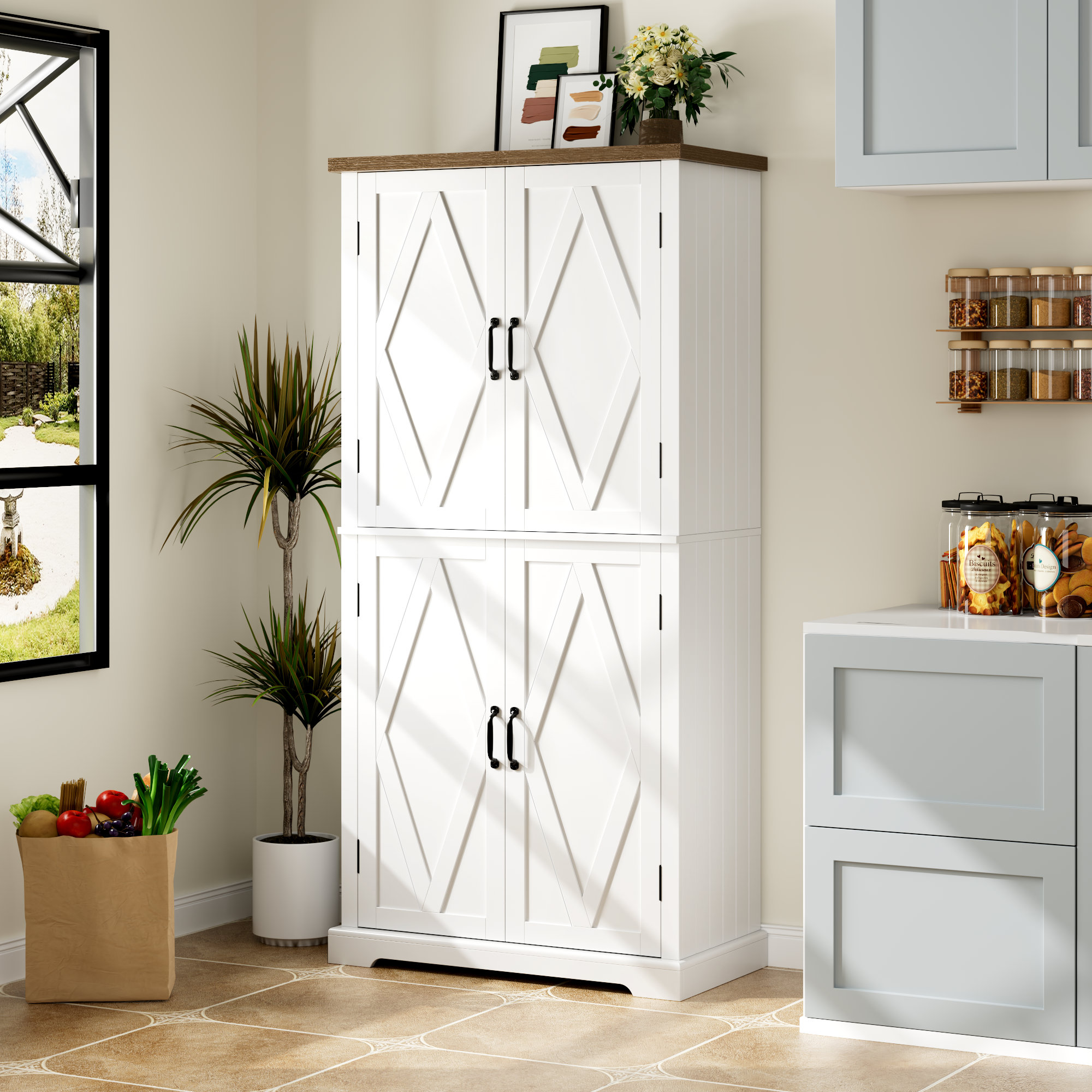 Lark Manor Arville 64.37 Farmhouse Style Kitchen Pantry With Adjusable Shelves Reviews Wayfair Canada